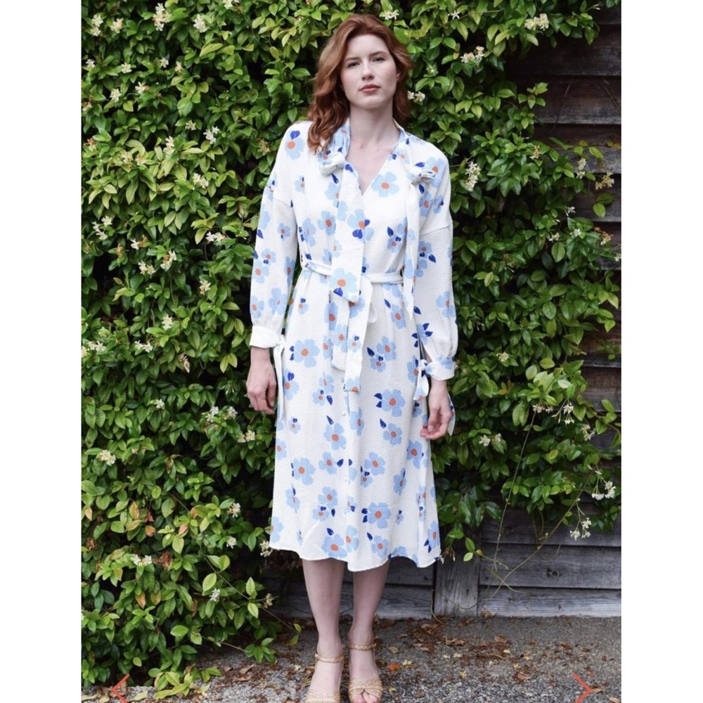 Never A Wallflower Magnolia Dress Bubble Floral Midi Long Sleeve Belted Size XS